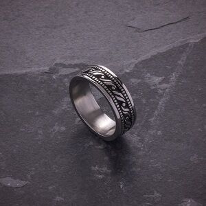Stainless Steel Polished & Antiqued Design Wedding Band Ring
